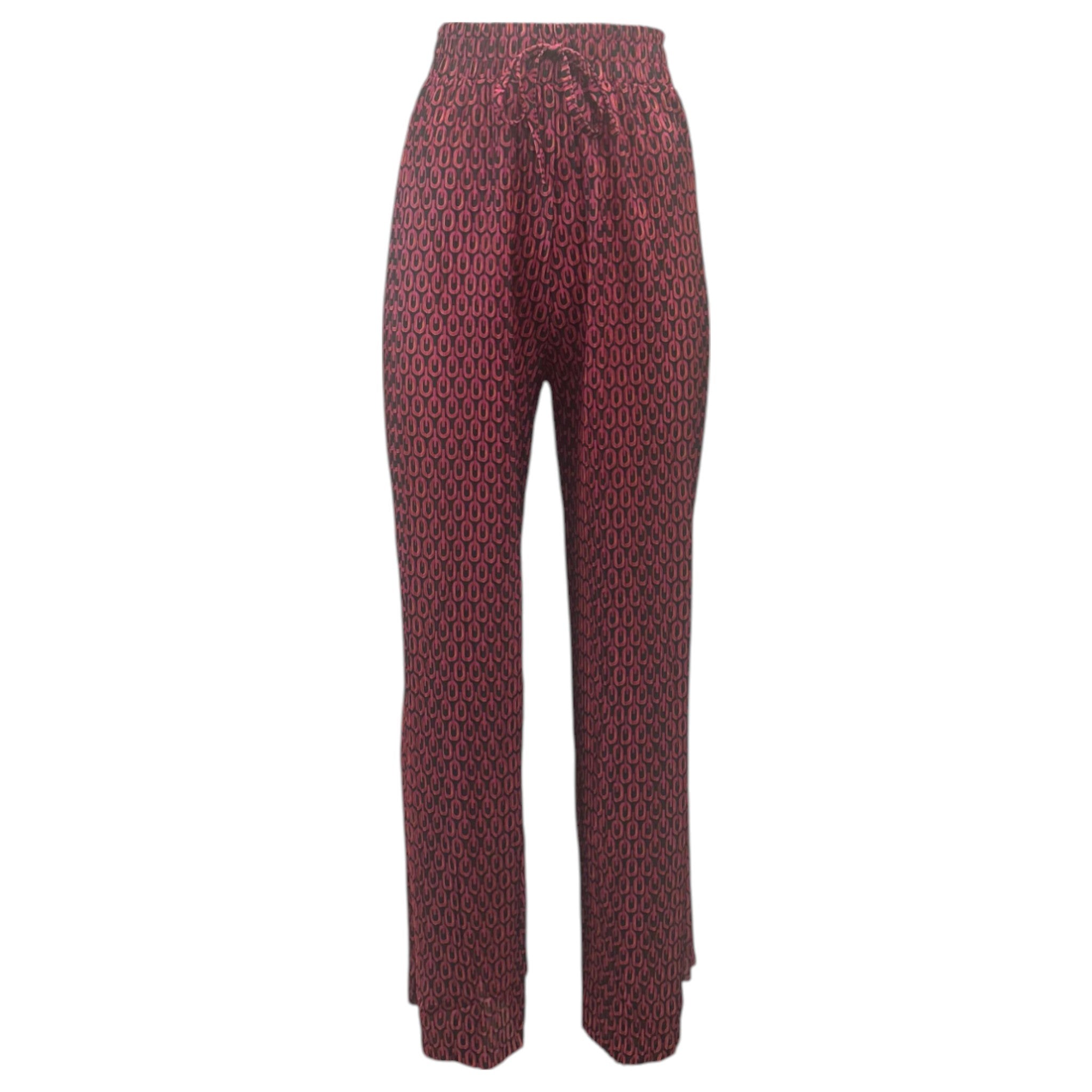 Women's printed wide-leg lounge trousers in burgundy red – lightweight elastic waist boho pants for casual summer wear